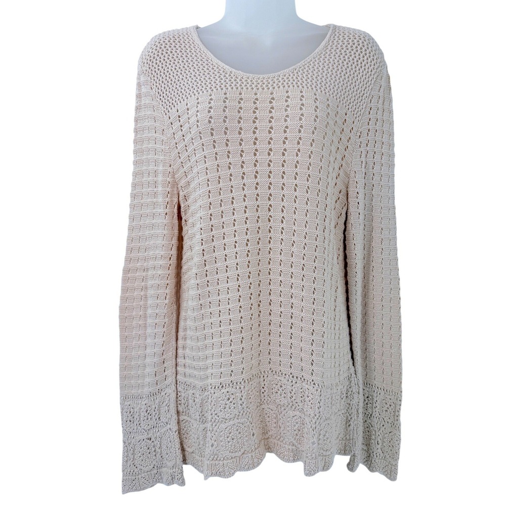 Open Knit Crochet bell Sleeve Sweater womens Sz M cottage boho shabby chic cream